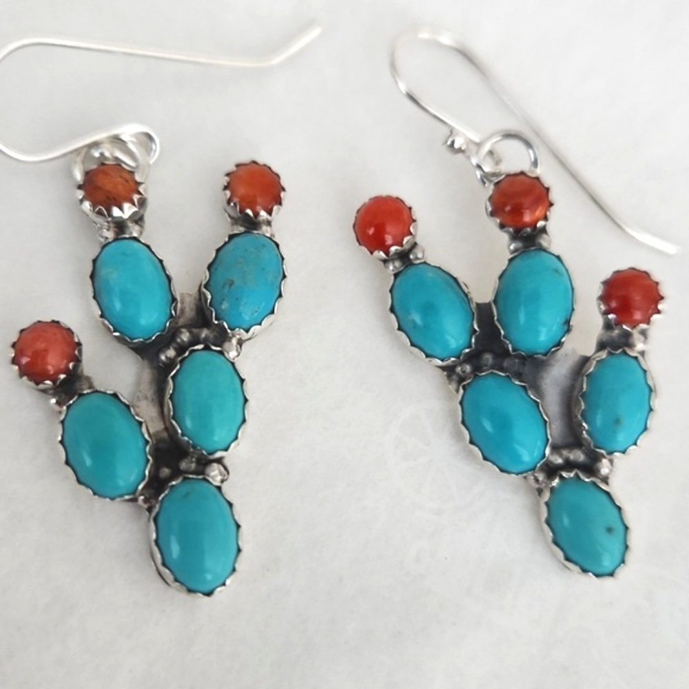 NWT Native American Navajo Turquoise Cactus Dangle Earrings 🩵🌵🧡 - Picture 2 of 12